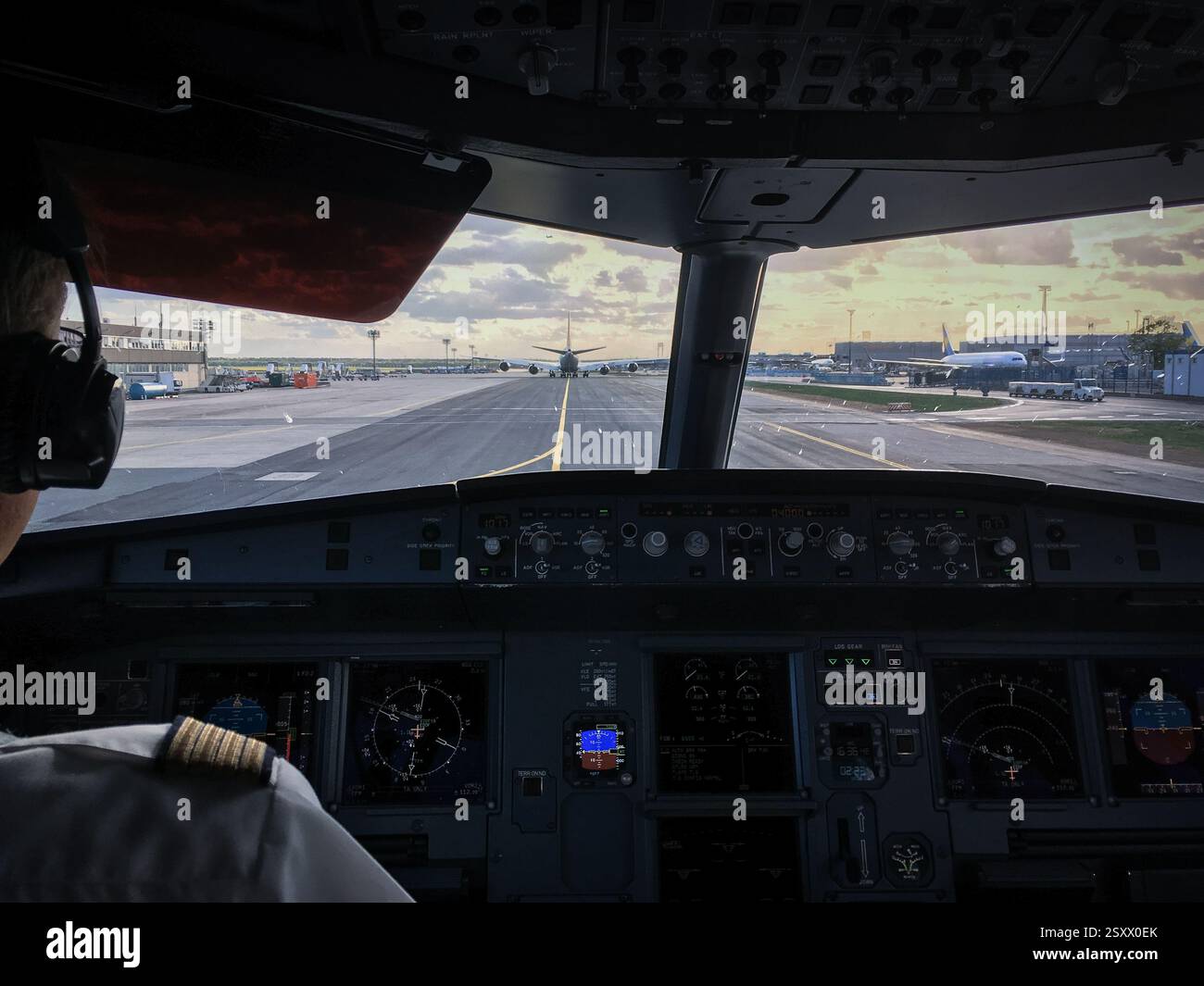 Pilot's hand accelerating on the throttle in a commercial airliner ...