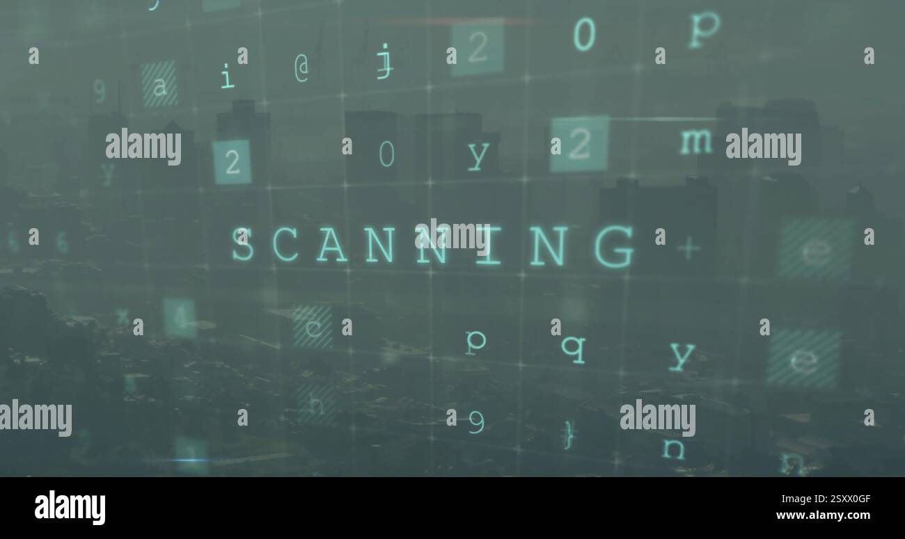 Image of scanning text and data processing over cityscape Stock Photo