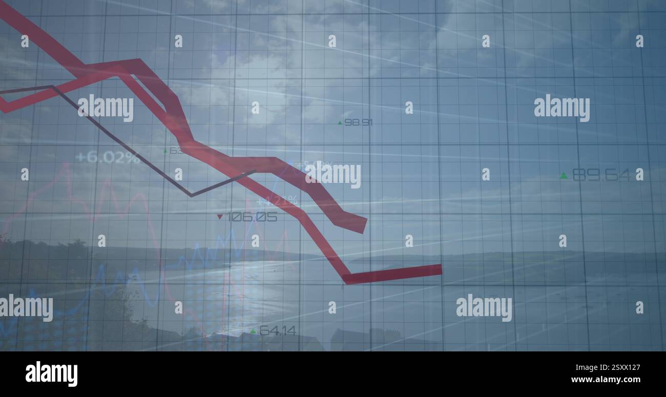 Image of financial data processing over red lines and landscape Stock Photo