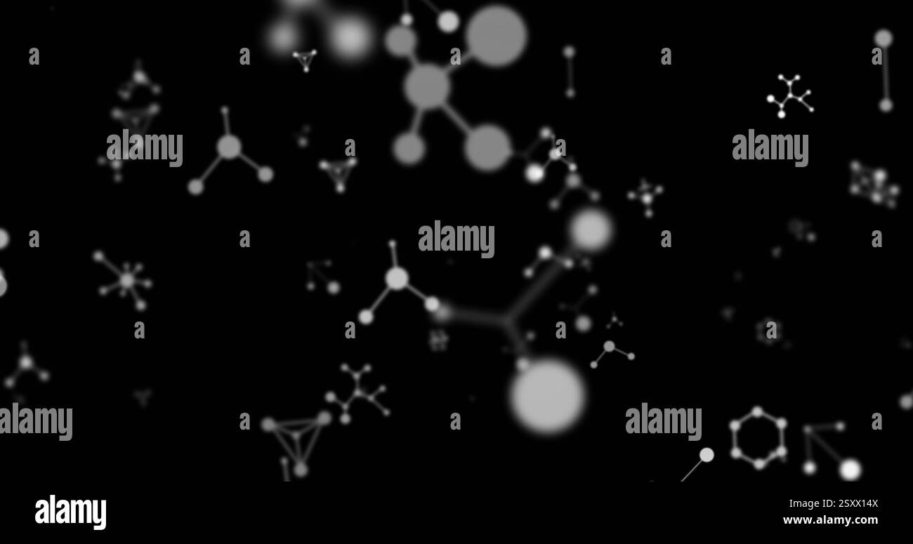 Image of molecules moving over black background Stock Photo