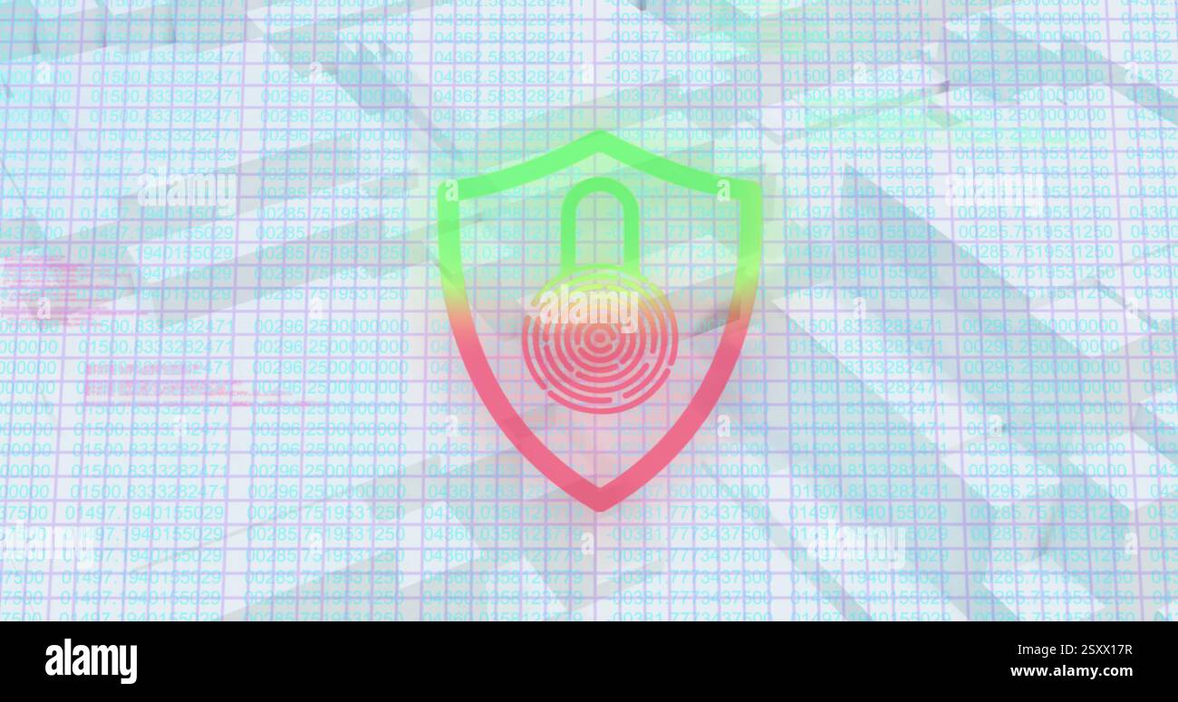 Image of biometric padlock and digital data processing over 3d blocks Stock Photo