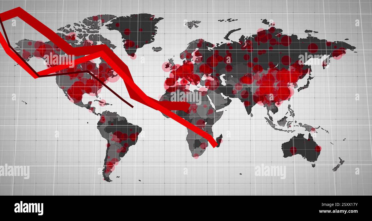 Image of red lines and digital data processing over world map Stock Photo