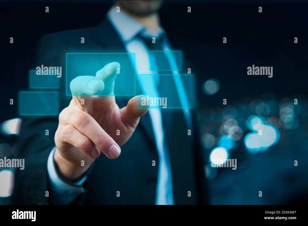 businessman hand pushing button on a touch screen interface Stock Photo