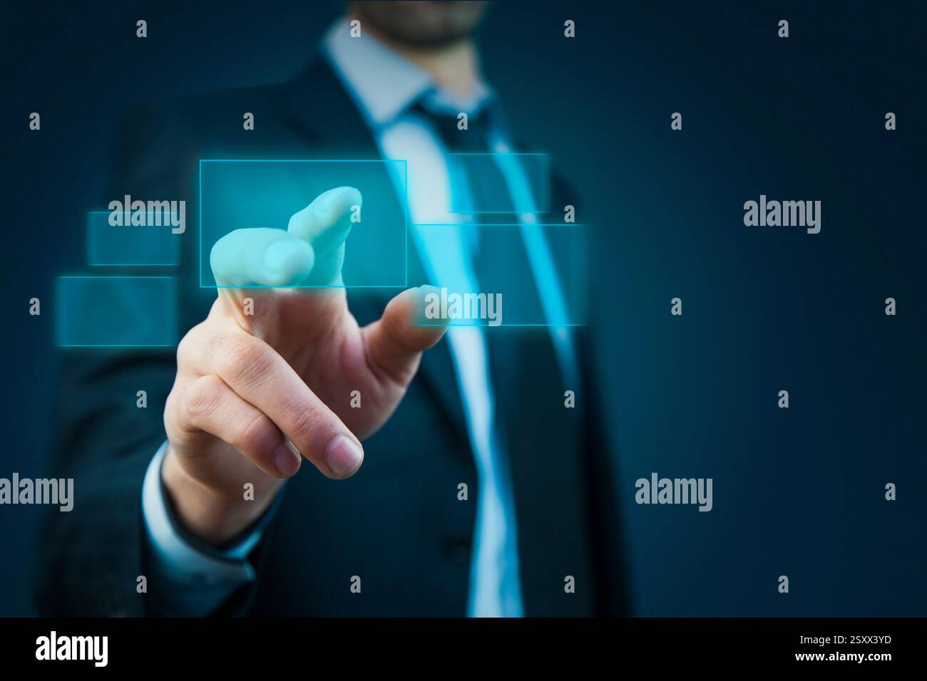 businessman hand pushing button on a touch screen interface Stock Photo
