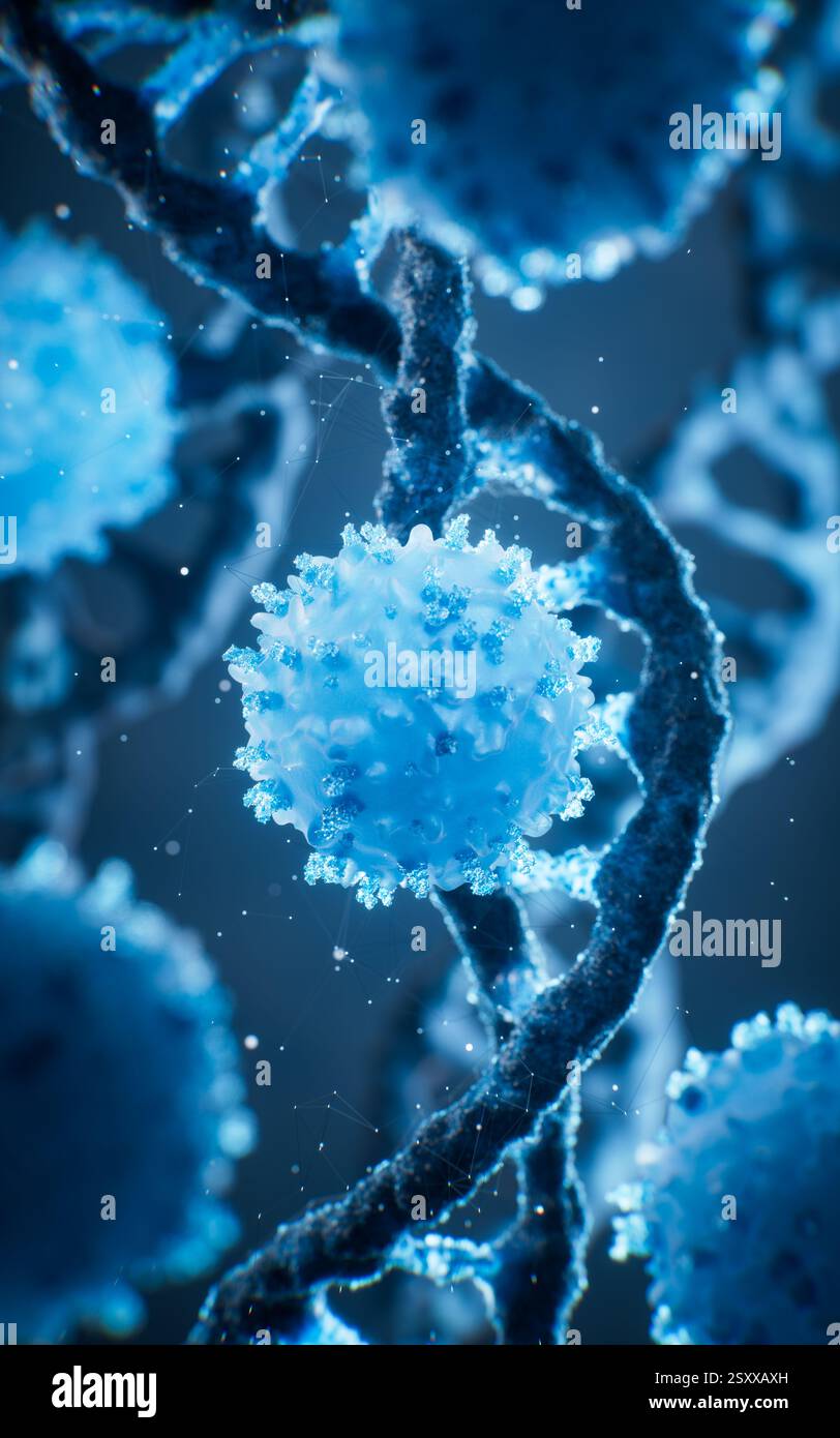 Blue cell with biological DNA background, 3d rendering. 3D illustration ...