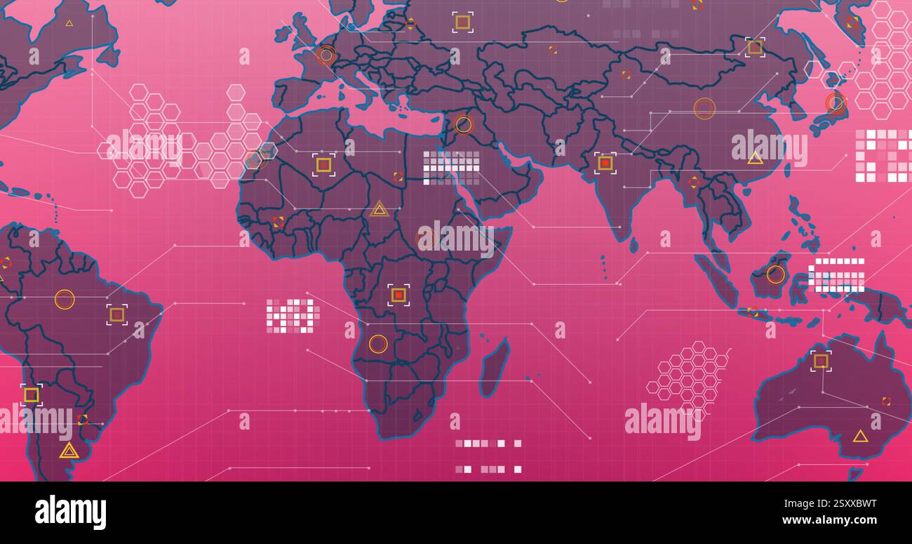 Image of processing data over pink and brown world map Stock Photo