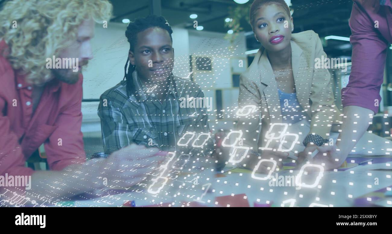 Image of binary coding over diverse business people talking in office Stock Photo