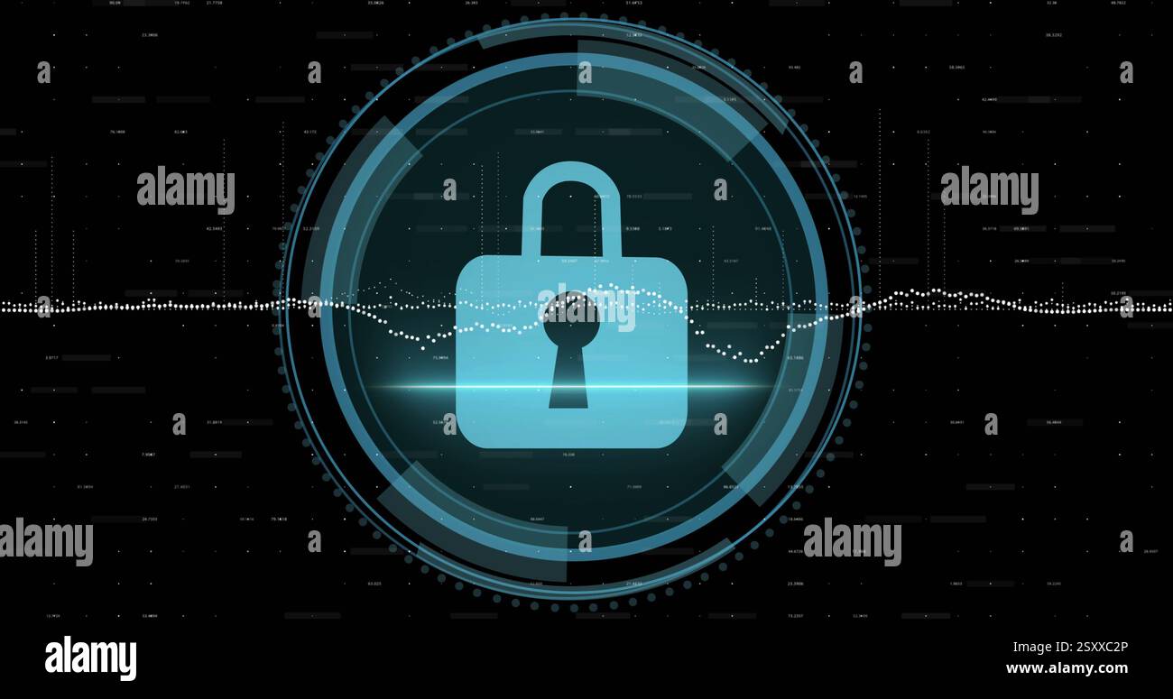 Image of data processing over syber security text and scope scanning on black background Stock Photo