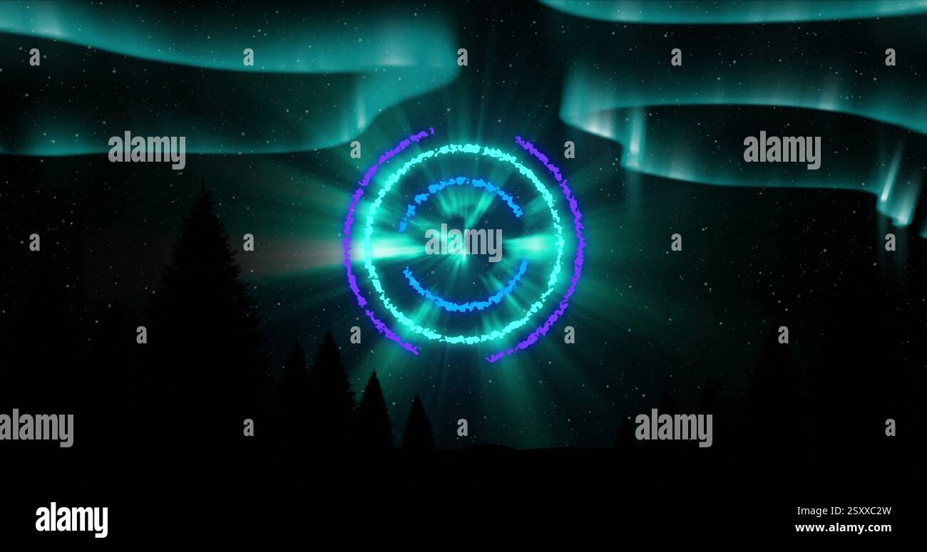 Image of spinning circles and glowing light trails moving over black ...