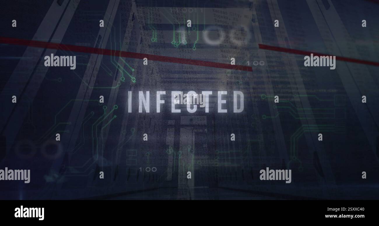 Image of virus text, digital data processing and circuit board over computer servers Stock Photo