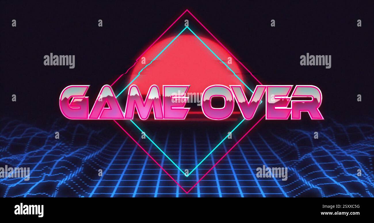 Image of game over text over digital mountains and sun Stock Photo