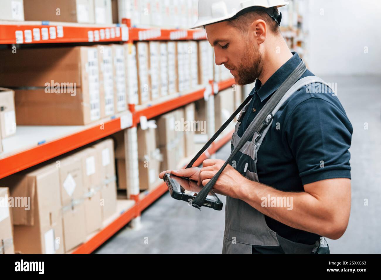 Checking data in the tablet. Employee in uniform is working in the ...
