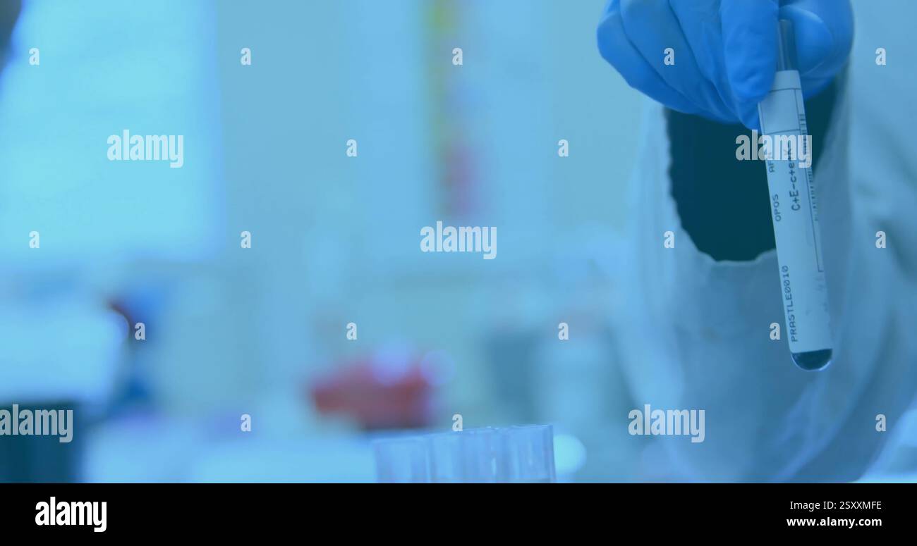 Image of data processing over diverse scientists doing experiments in lab Stock Photo