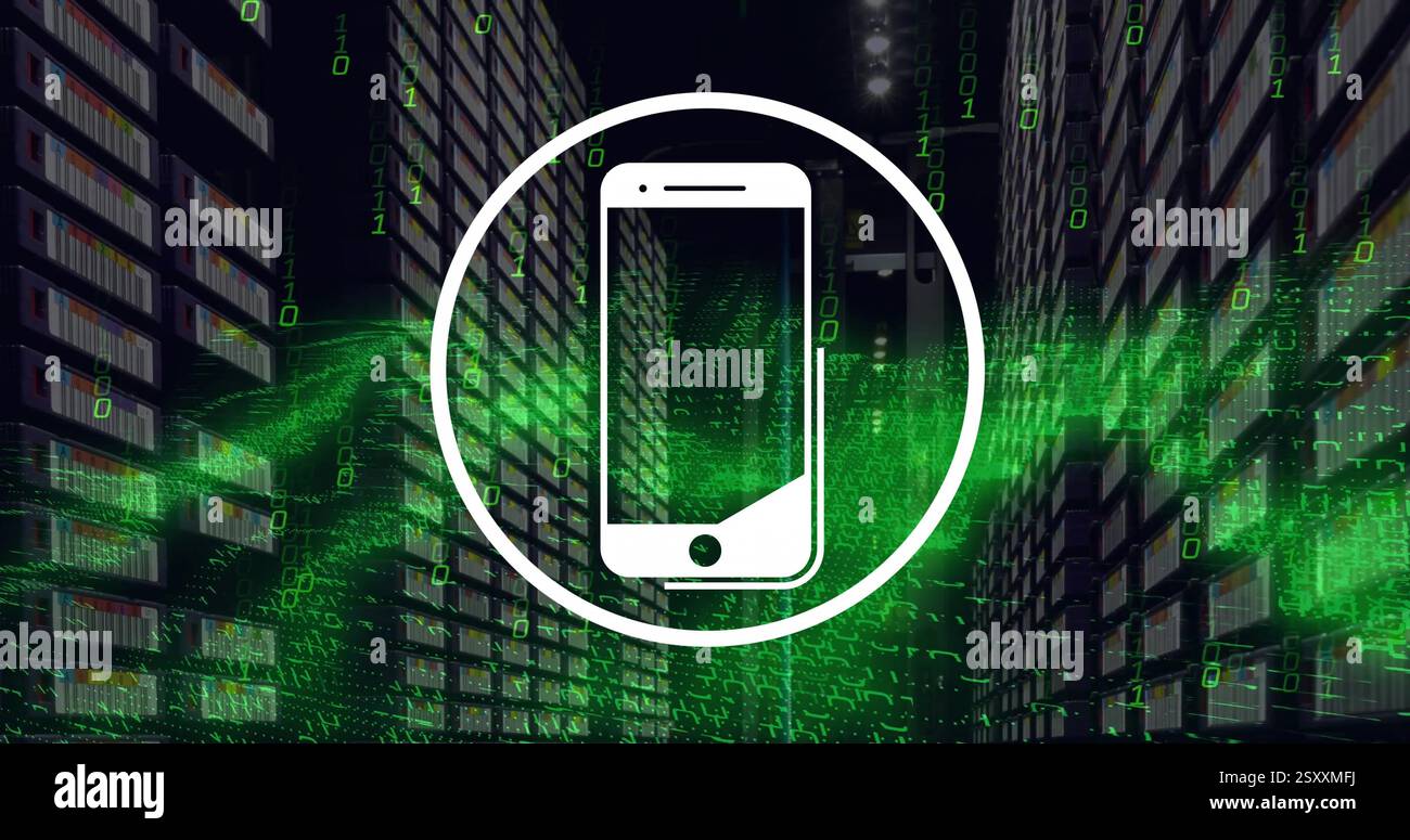 Image of smartphone icon and digital data processing over computer servers Stock Photo