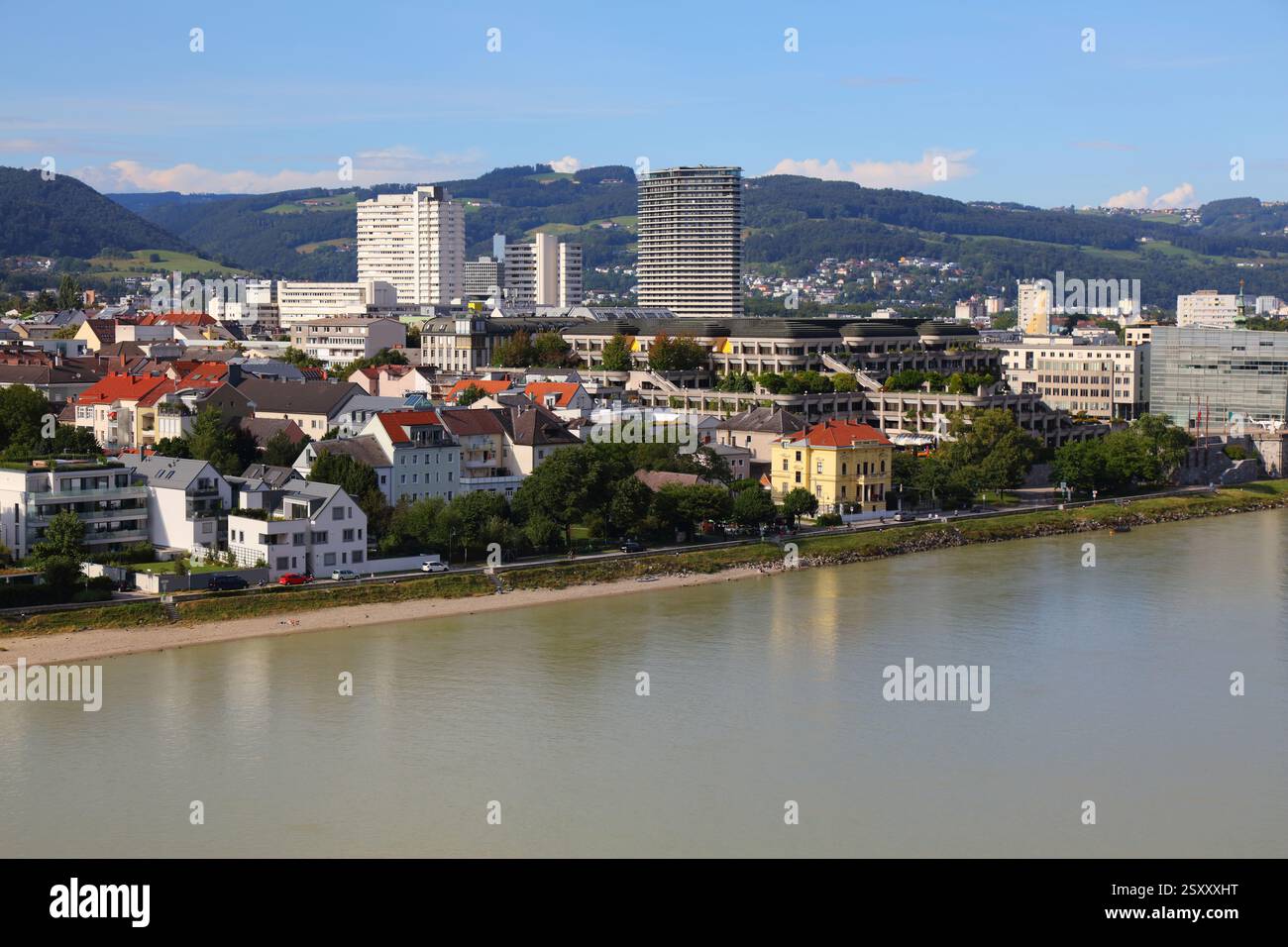 Linz city view in Austria. Danube river bridges and city skyline Stock ...