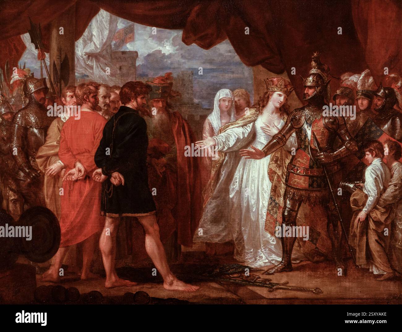 Queen Philippa (1310 or 1315-1369) interceding for the Lives of the Burghers of Calais, painting in oil on canvas by Benjamin West, 1788 Stock Photo