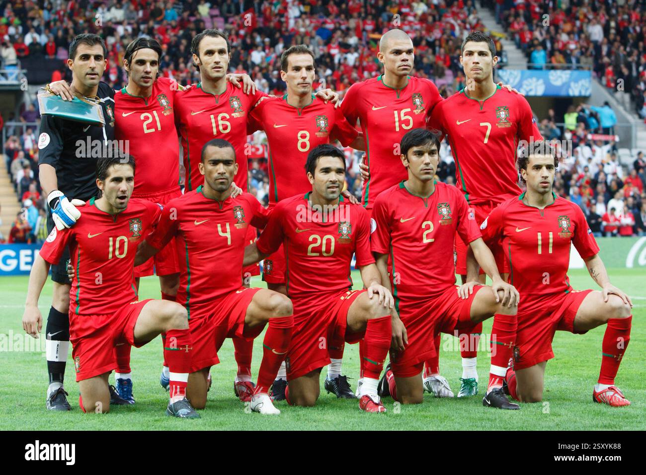 The Portugal starting eleven lines up for a team photo prior to a UEFA Euro 2008 Group A match against Turkey on June 7, 2008 at the Stade de Genève in Geneva, Switzerland. Editorial use only. Commercial use prohibited. (Photograph by Jonathan Paul Larsen / Diadem Images) Stock Photo