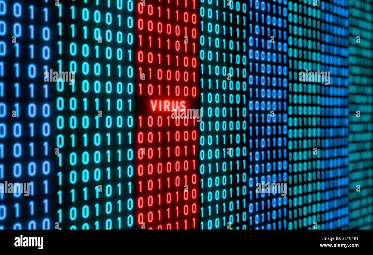 Computer virus warning sign, binary code with red signal, cyber crime ...