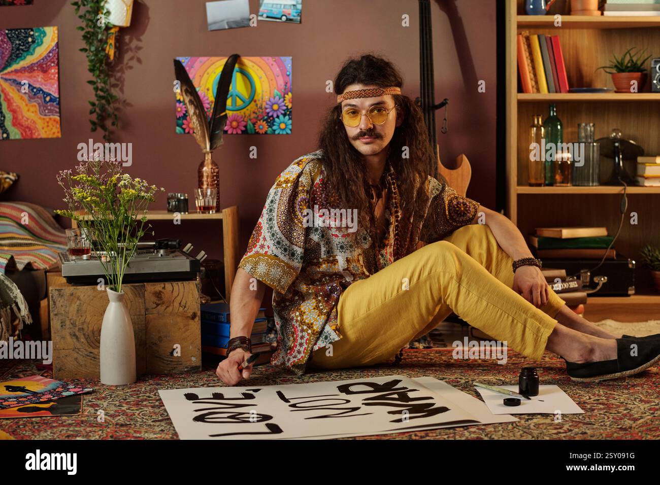 Creating Art in a Vibrant and Eclectic Room Setting Stock Photo