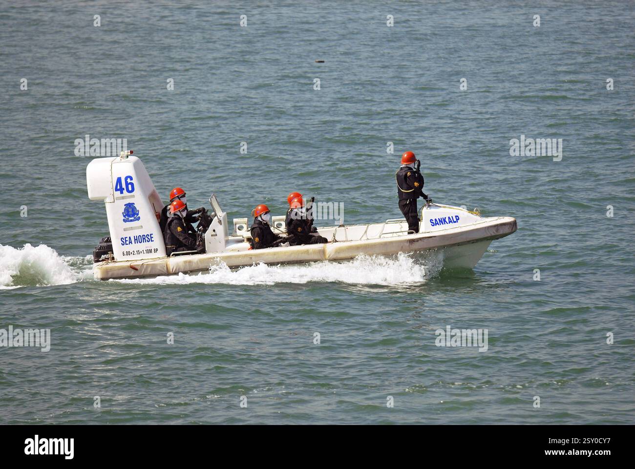 Commandos in speed boat rescue operation, Bombay, Maharashtra, India ...