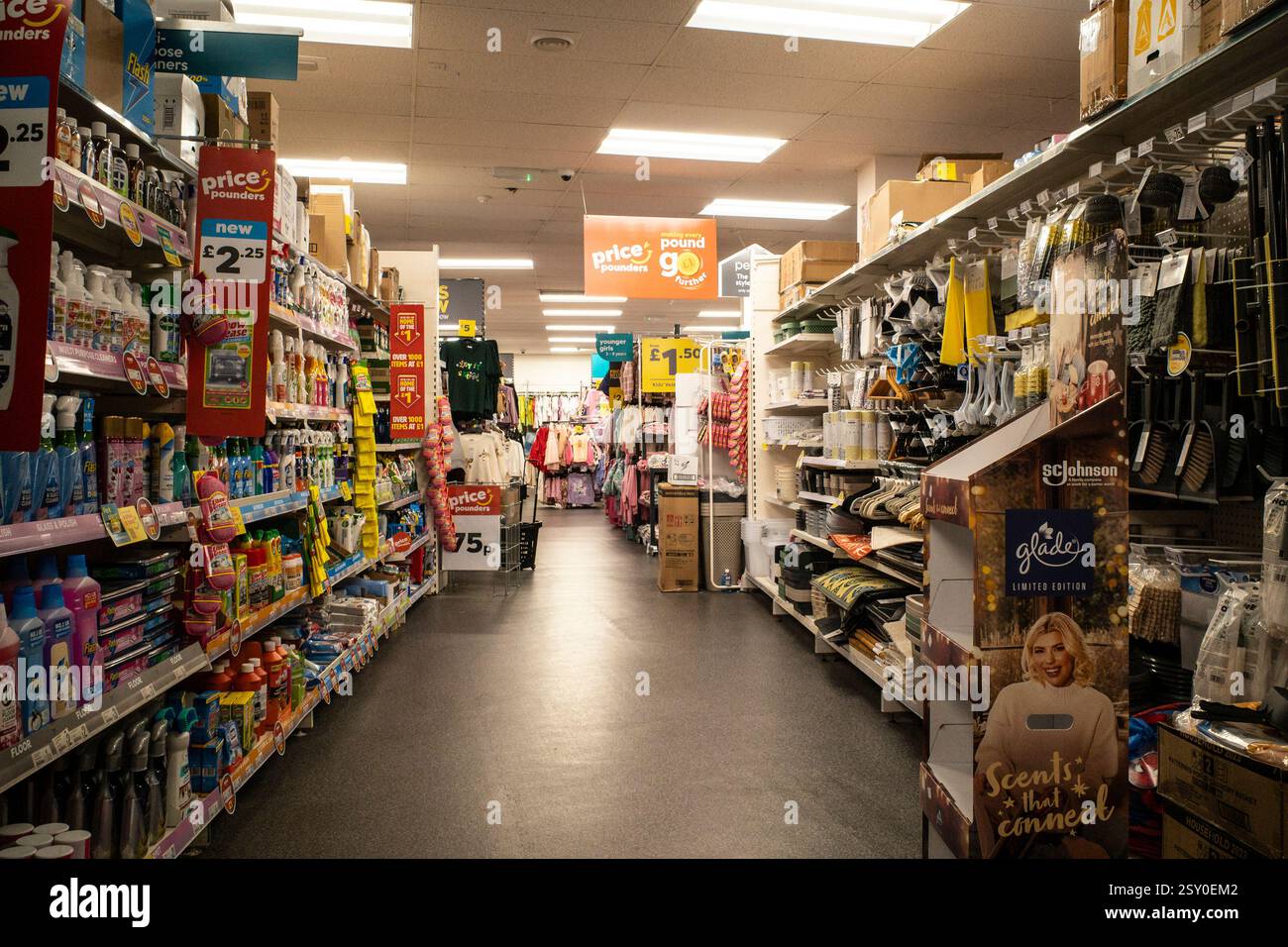 Goods on sale inside a Poundland shop store in Truro City centre in Cornwall in the UK. Stock Photo