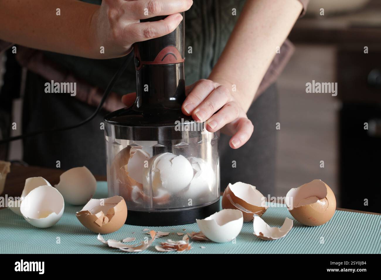 Preparing Eggshell Powder. Woman grinds eggshells with blender. Calcium supplement, cracked eggshell, natural compost ingredient, broken eggshell Stock Photo