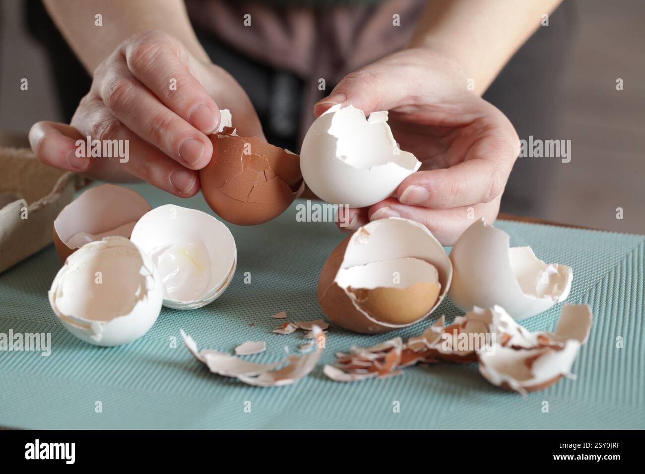 Preparing Eggshell Powder. Woman holders eggshells. Calcium supplement, cracked eggshell, natural compost ingredient, broken eggshell Stock Photo