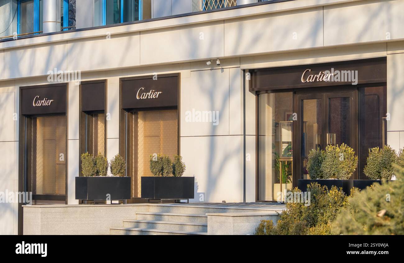 Almaty, Kazakhstan - February 21, 2025: Cartier store. Watches and jewelry Stock Photo