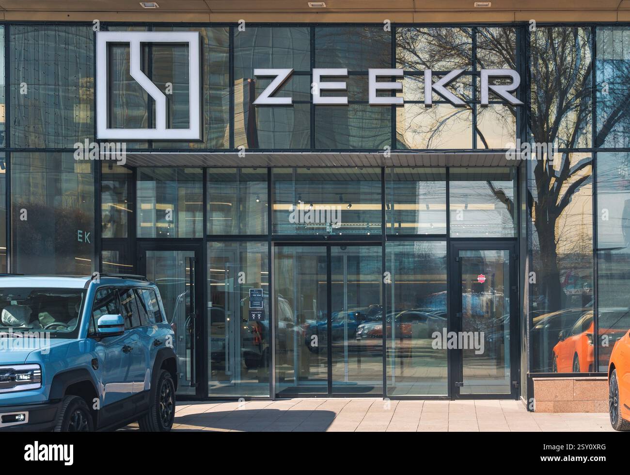 Almaty, Kazakhstan - February 21, 2025: Entrance to the Zeekr showroom. Automobile manufacturer Stock Photo
