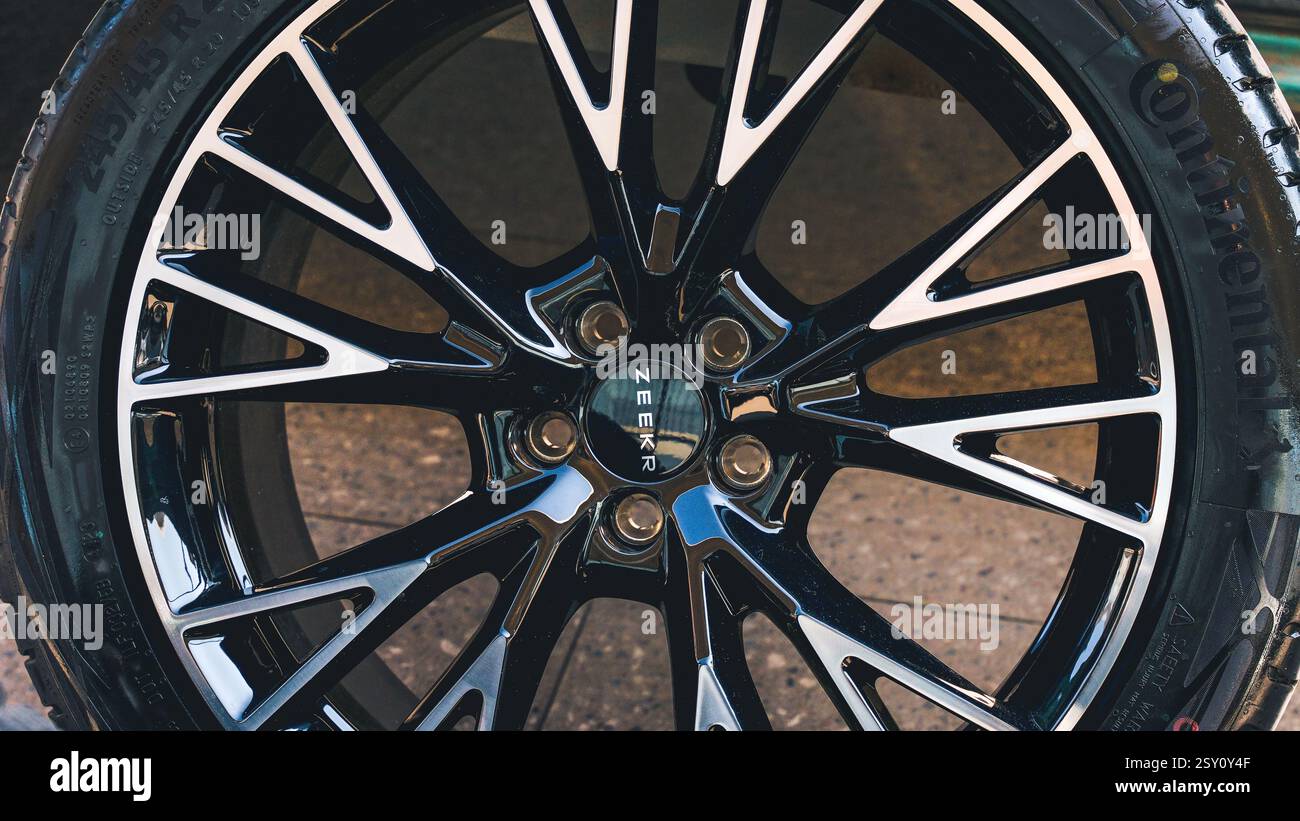 Almaty, Kazakhstan - February 21, 2025: Zeekr branded wheel. Automobile manufacturer Stock Photo