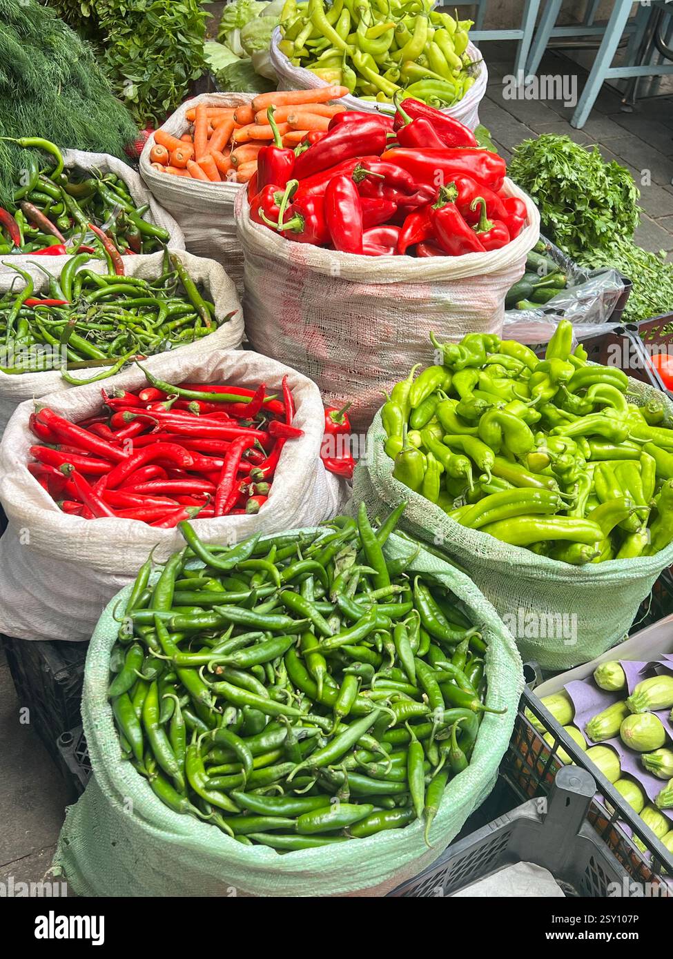 Fresh Peppers and Vegetables at a Local Market - Smartphone Captured Stock Image