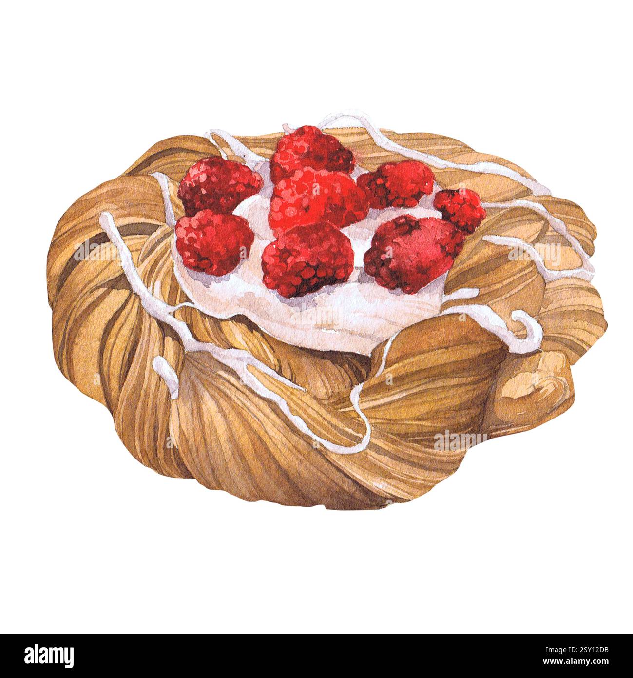 Watercolor illustration of baking. Hand drawn puff pastry with cream ...
