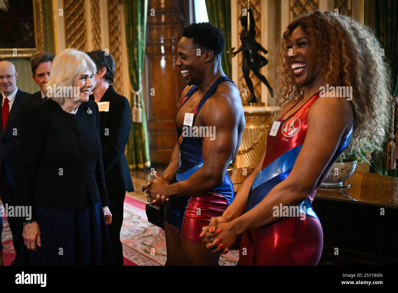 Queen Camilla meets Gladiators Nitro aka Harry AikinesAryeetey and Fire aka Montell Douglas