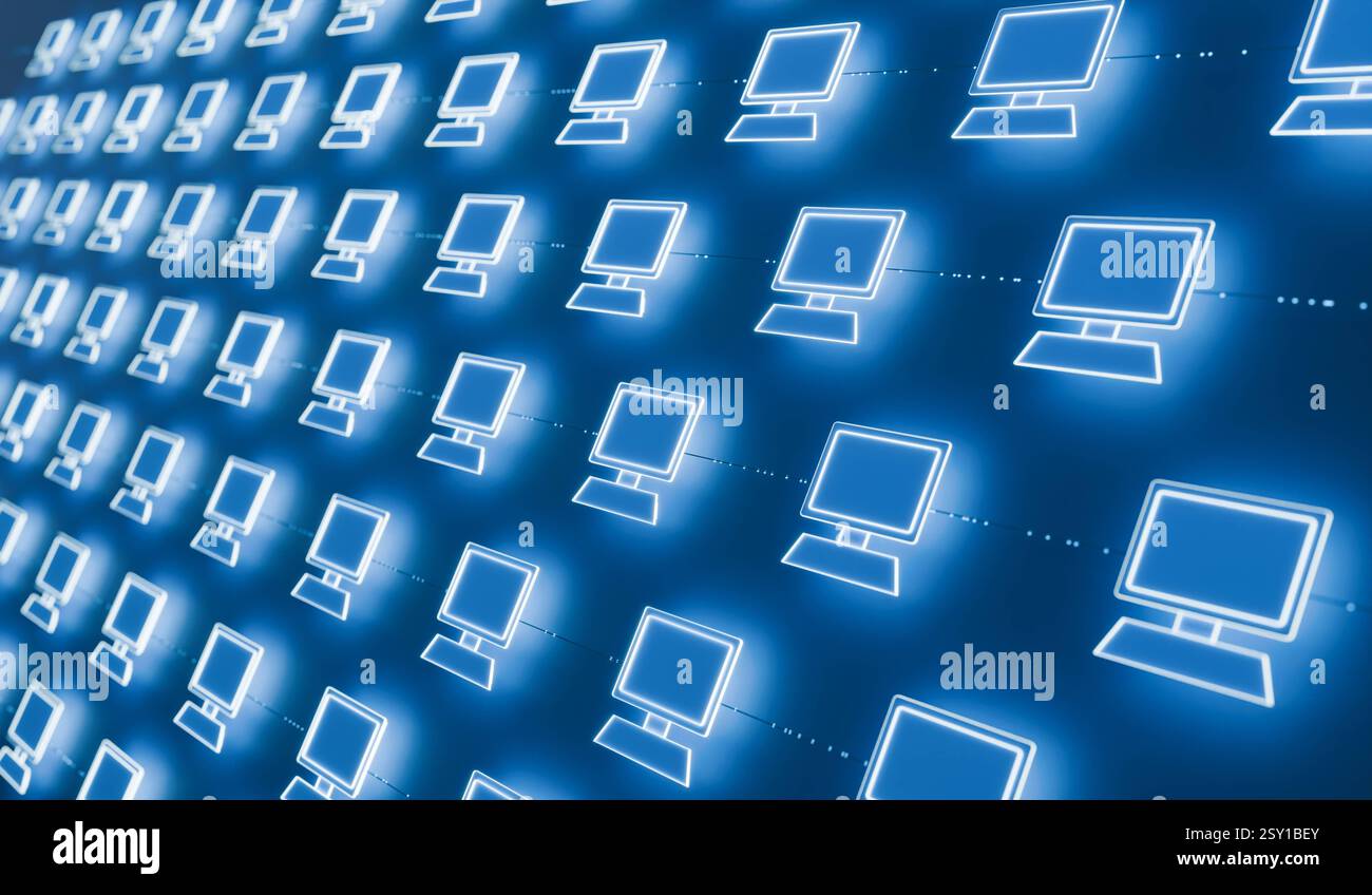 RECORD DATE NOT STATED Close up computer network with desktop PC s. Close up computer network with desktop PC s. System configuration, IT security, cloud computing, data, transfer, digital connections. 3D illustration img_technology050s06_data_transfer Stock Photo