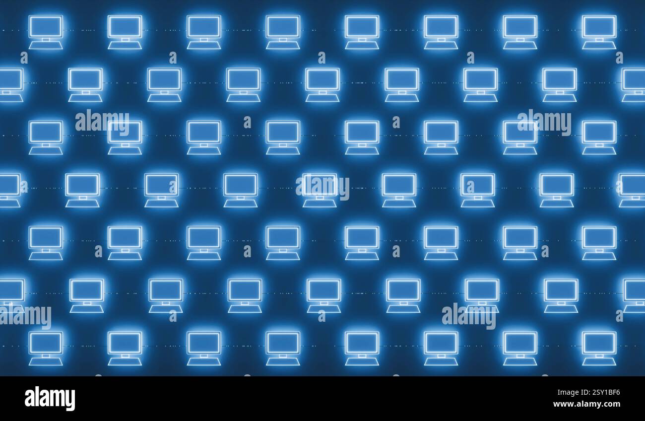RECORD DATE NOT STATED Close up computer network with desktop PC s. Computer network with desktop PC S. System configuration, IT security, cloud computing, data, transfer, digital connections. 3D illustration img_technology050s04_data_transfer Stock Photo