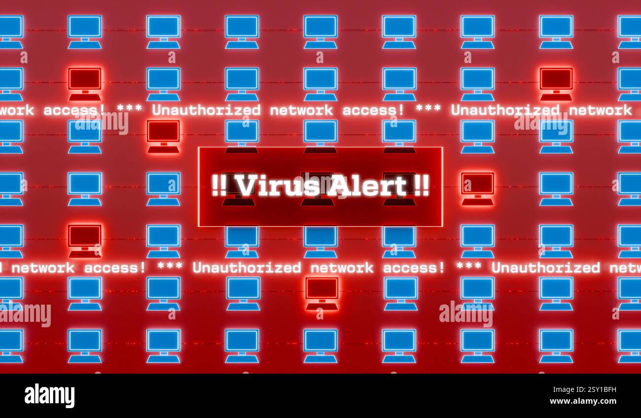 RECORD DATE NOT STATED Virus alert, computer network, warning sign. Virus alert, computer network, warning sign. Virus detected, more and more systems are being infiltrated. Unauthorized network access, computer crime. img technology050s08 data transfer Stock Photo