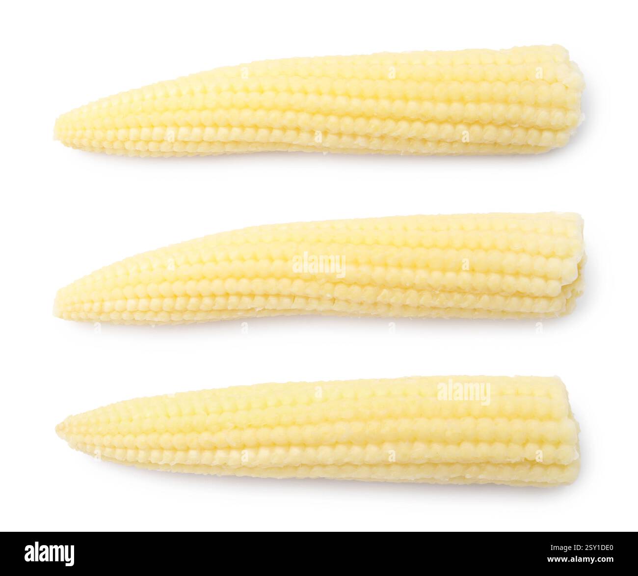 Yellow baby corn cobs isolated on white Stock Photo