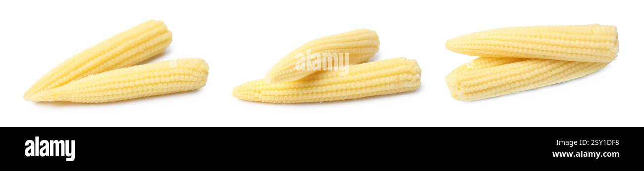 Yellow baby corn cobs isolated on white Stock Photo
