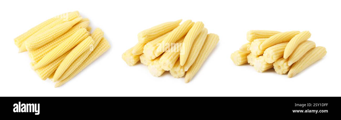 Yellow baby corn cobs isolated on white Stock Photo
