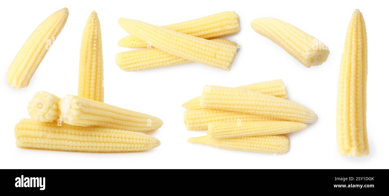 Yellow baby corn cobs isolated on white Stock Photo