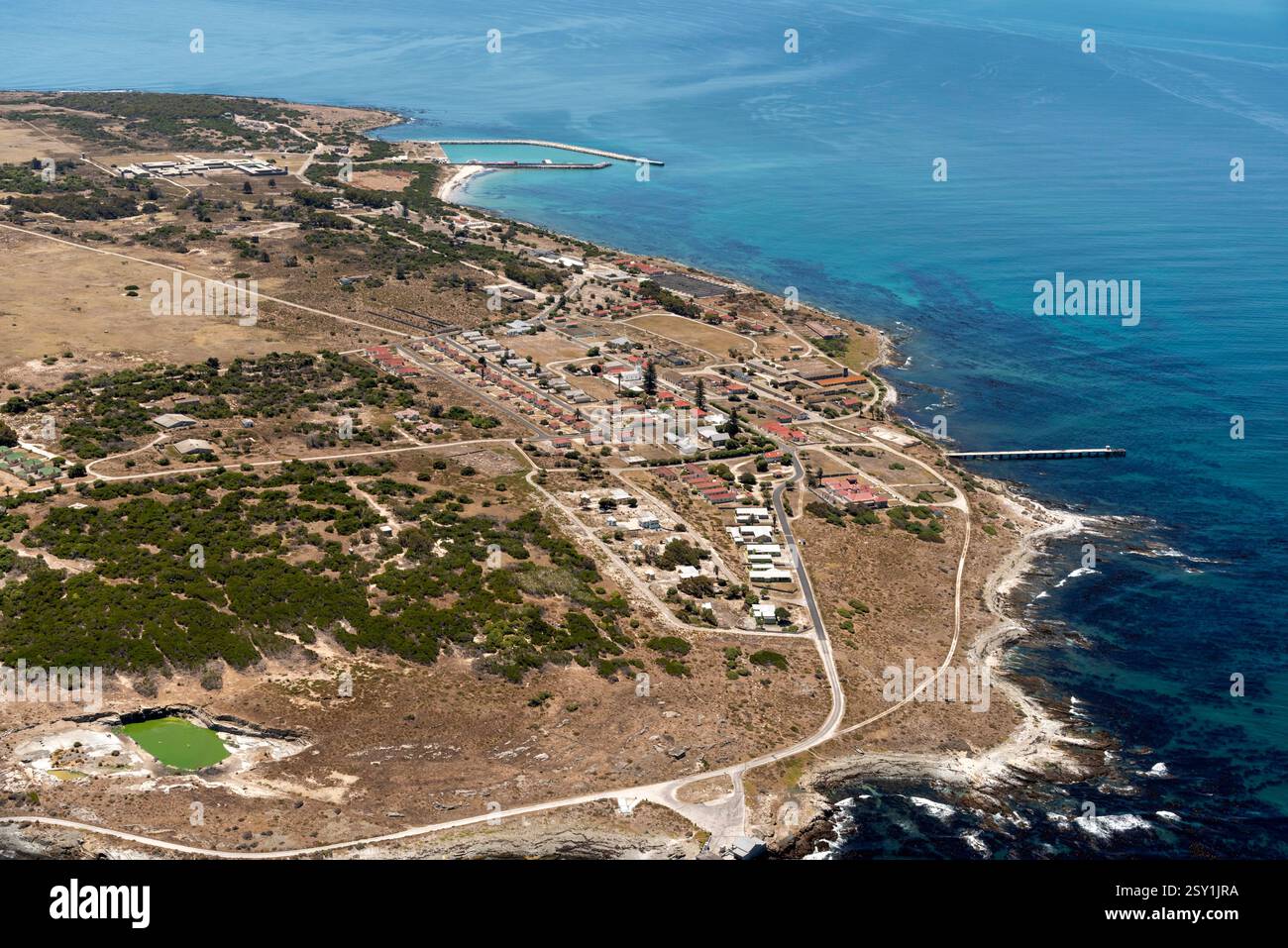 Cape Town South Africa, 25.12.2024. Northern tip of Robben Island showing the harbour and Mandelas prison. Stock Photo