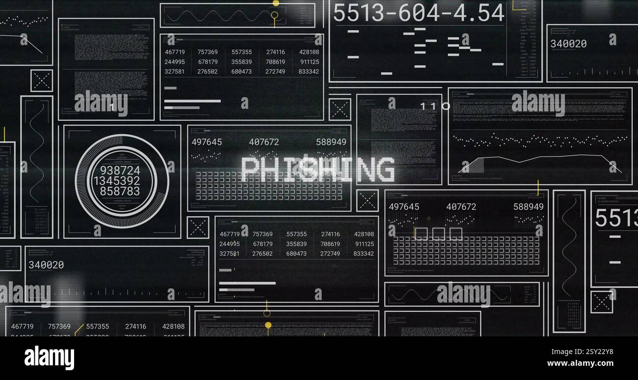 Image of phishing text and digital data processing over black background Stock Photo