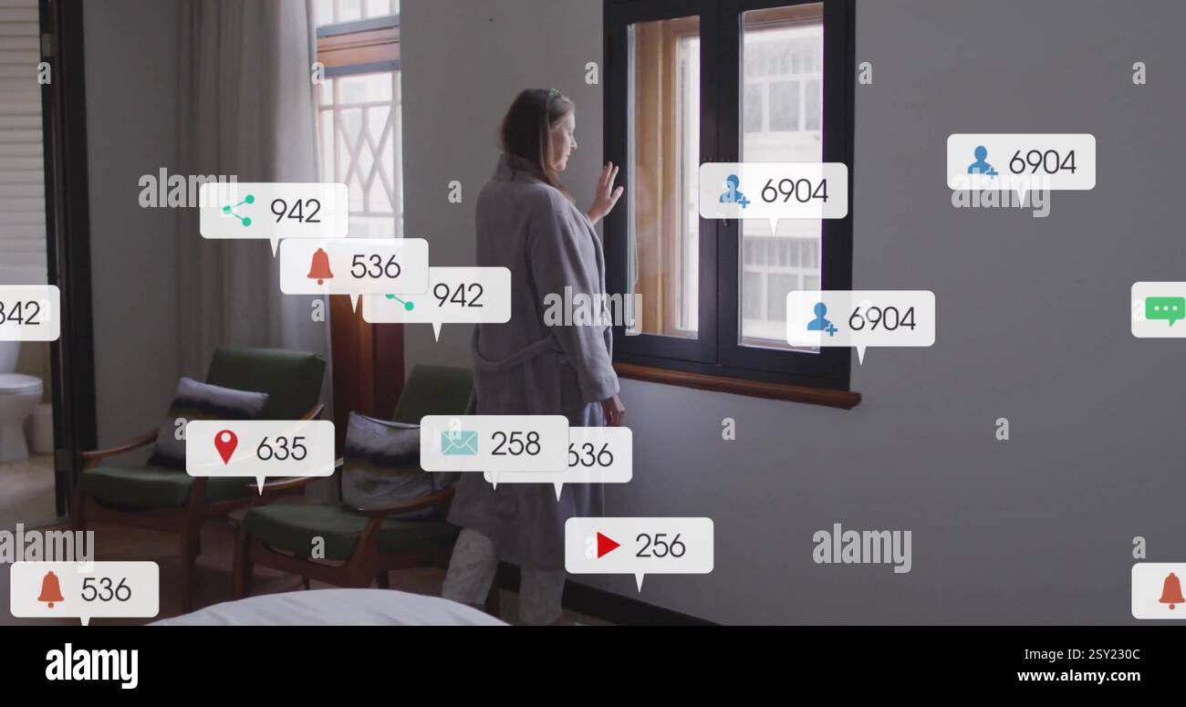Image of media icons over caucasian woman looking through window Stock ...