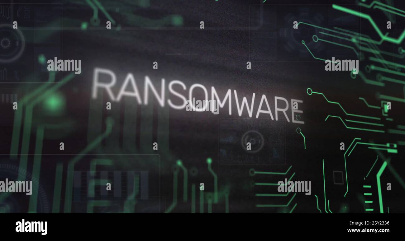 Image of data processing over ransomware text Stock Photo
