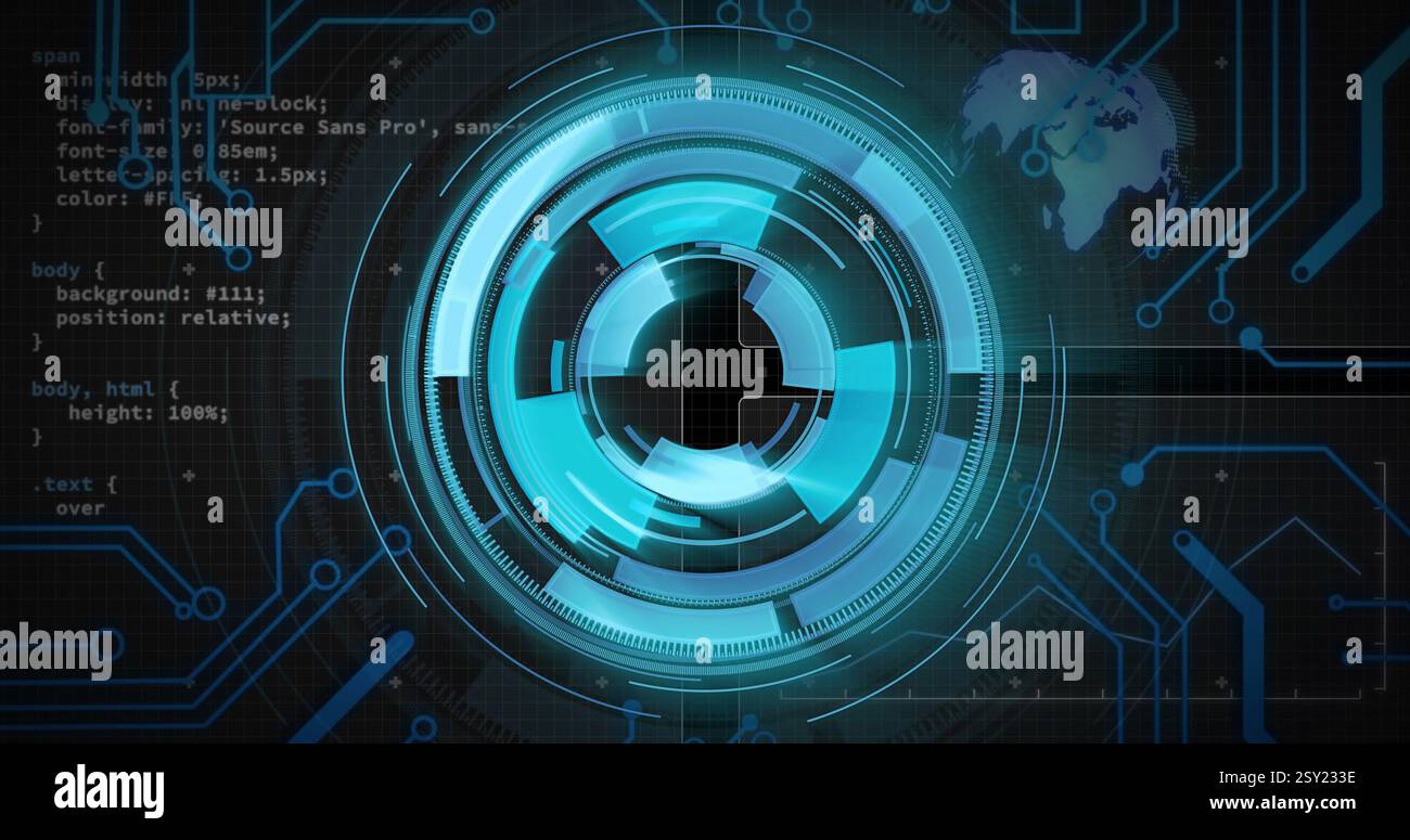 Futuristic digital interface with rotating blue circles and coding image Stock Photo