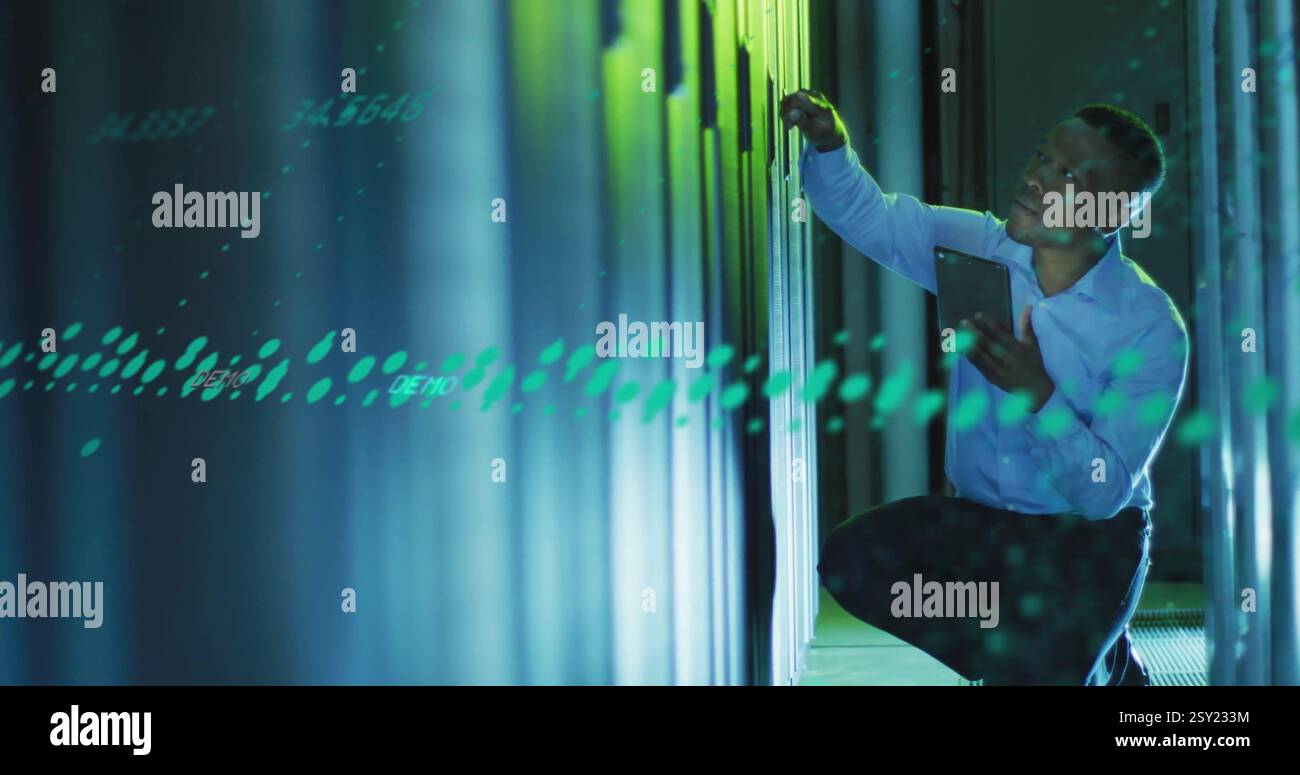 Image of data processing over biracial male worker in server room Stock Photo