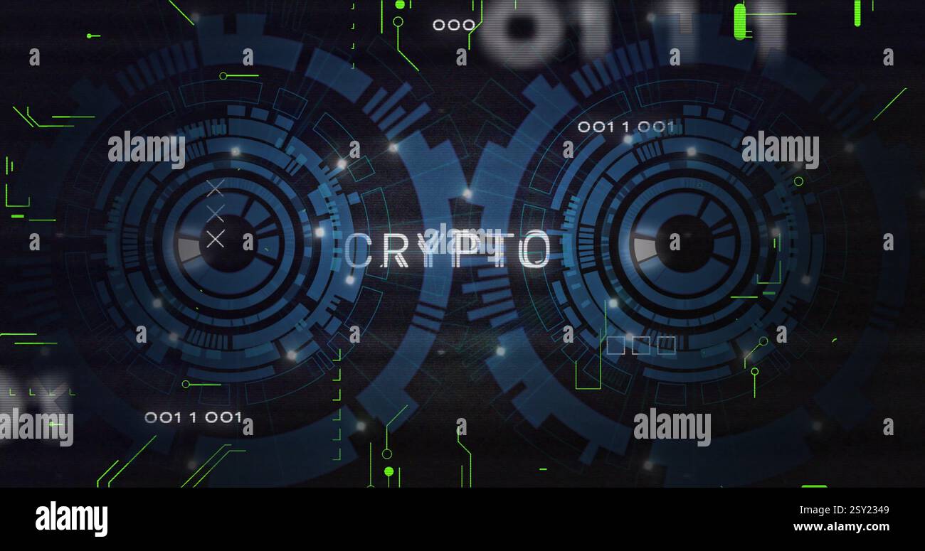 Image of crypto text and scope scanning over data processing Stock Photo