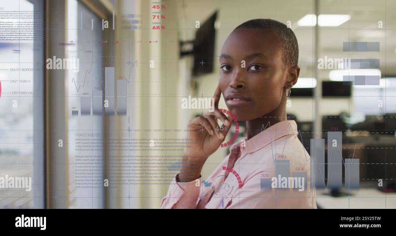 Businesswoman analyzing data charts and graphs, financial data processing image Stock Photo