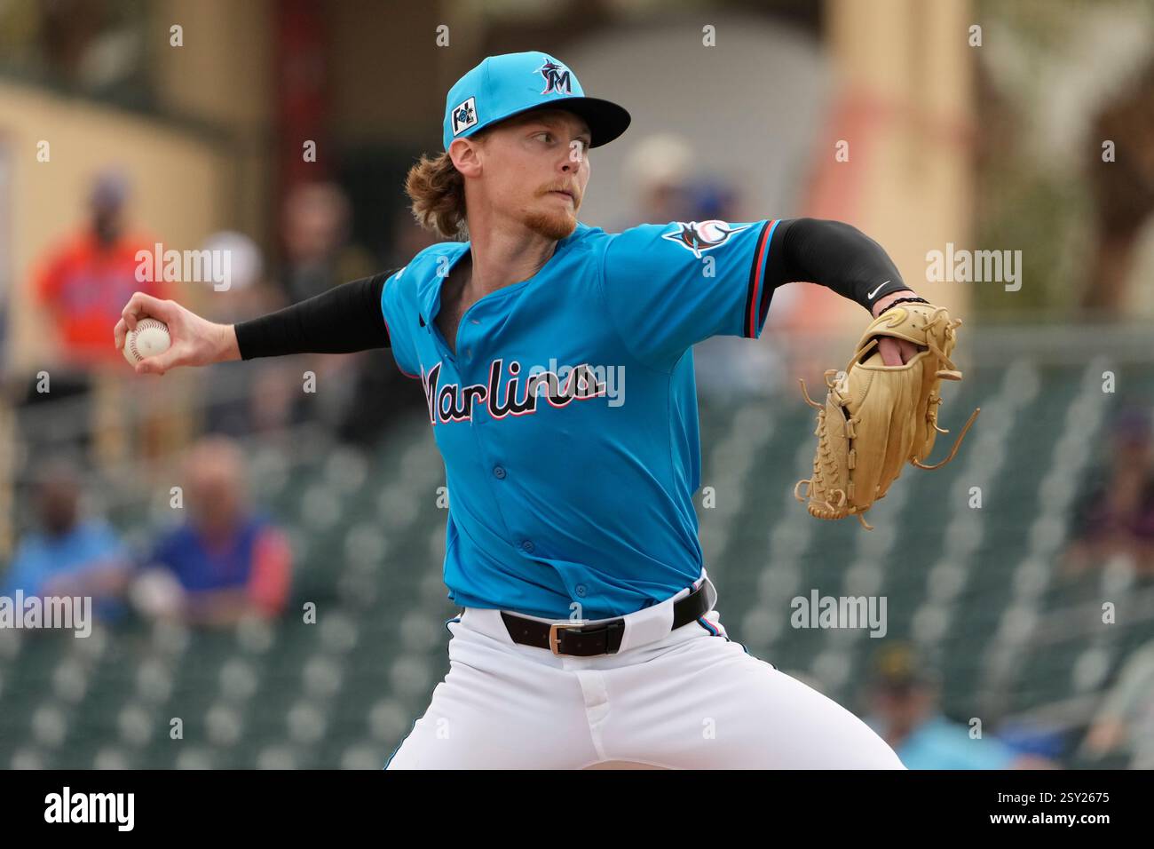 Miami Marlins starting pitcher Max Meyer throws during the first inning ...