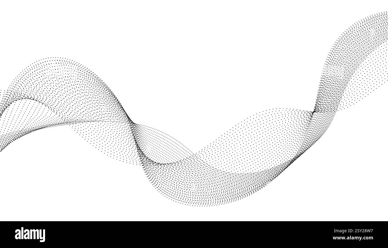 Flowing dots particles wave pattern halftone gradient curve shape isolated on white background. Vector in concept of technology, science, music, moder Stock Vector